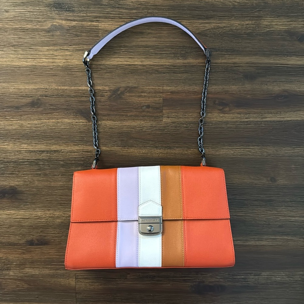 Longchamp Le Pliage Heritage Orange Colorblock Leather Shoulder Bag